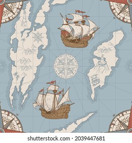 Hand-drawn seamless pattern on the theme of travel, adventure and discovery in retro style. Vector old map background with islands, pirate frigates, vintage sailing yachts and compass signs