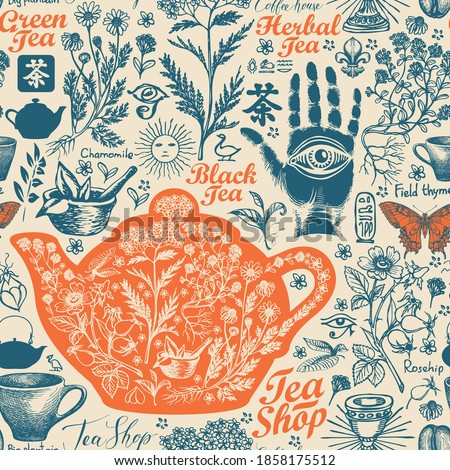 Hand-drawn seamless pattern on the theme of tea and tea shop with sketches. Old-fashioned decorative background with herbs. Suitable for vector Wallpaper, wrapping paper, fabric. Chinese character tea