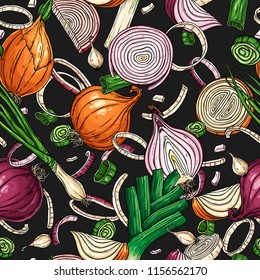 Hand-drawn seamless pattern with onion bulb, slices, halves, pieces, green onion and leek. Natural vegetables background for textiles, banner, wrapping paper and other designs. Vector illustration.