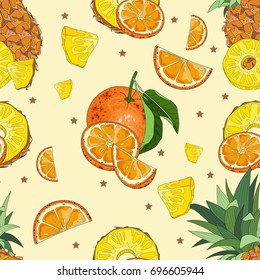 Hand-drawn seamless pattern of oranges and slices. Vector illustration