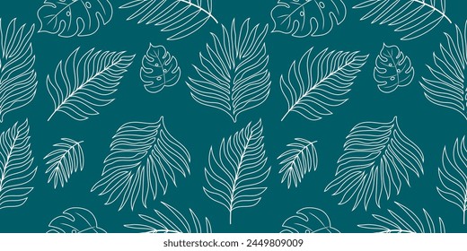 Handdrawn seamless pattern with palm leaves. Vector line art summer design.