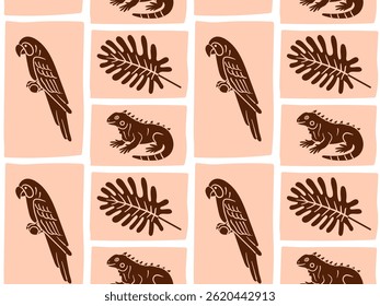 Hand-drawn seamless pattern with parrot, iguana, and tropical monstera leaf in warm brown tones. Ideal for jungle-themed packaging, fabric, and eco-friendly designs.
