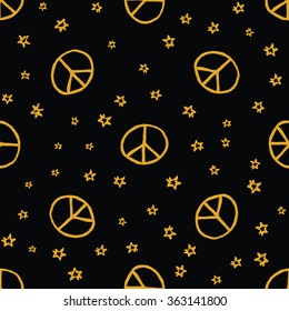 Handdrawn  seamless pattern with  peace sign and stars on black background. Vector illustration.