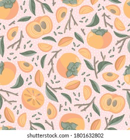 Hand-drawn seamless pattern with persimmons and branches.