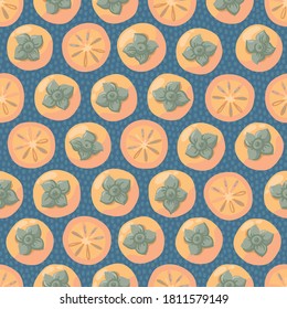 Hand-drawn seamless pattern with persimmons on a blue background.