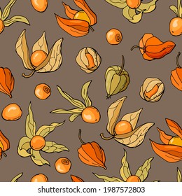 Hand-drawn seamless pattern with physalis berries. Design for fabric, textile, wallpaper, packaging.	