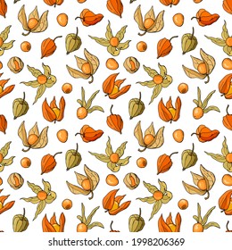 Hand-drawn seamless pattern with physalis berries. Design for fabric, textile, wallpaper, packaging.	