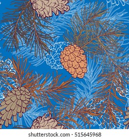 Hand-Drawn seamless pattern with pine cones and branches of coniferous evergreen tree. Design decor background. Card. Illustration