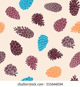Hand-Drawn seamless pattern with pine cones of coniferous evergreen tree. Design decor background. Card. Illustration