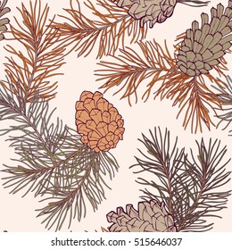 Hand-Drawn seamless pattern with pine cones and branches of coniferous evergreen tree. Design decor background. Card. Illustration