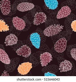 Hand-Drawn seamless pattern with pine cones of coniferous evergreen tree. Design decor background. Card. Illustration