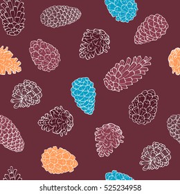 Hand-Drawn seamless pattern with pine cones of coniferous evergreen tree. Design decor background. Card. Illustration