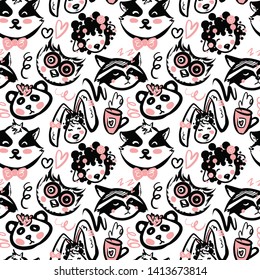 Hand-drawn seamless pattern in pink and black colors on the white background. There are cute stylized cartoon sheep, husky dog, panda, bunny, owl, raccoon with pink bow, hearts and tea cups