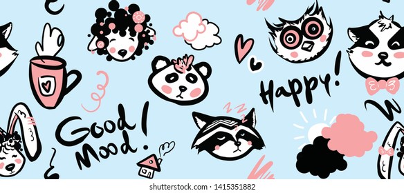 Hand-drawn seamless pattern in pink and black colors on the pastel blue background. There are cute stylized cartoon sheep, husky dog, panda, bunny, owl, raccoon with pink bow, hearts and tea cups