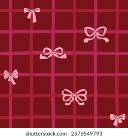 Hand-drawn seamless pattern of pink bows on a dark background with a plaid line design. Features shades of pink, and red. Cute and romantic design.