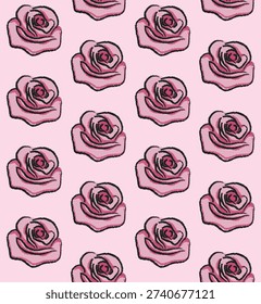 Hand-drawn seamless pattern of pink roses on a pale pink background, ideal for fabric, wallpaper, gift wrap and stationery. Romantic, feminine floral design with vintage-inspired brushstroke texture and repeat motif.
