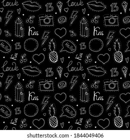 Hand-drawn seamless pattern in pop art style. White print on black background 