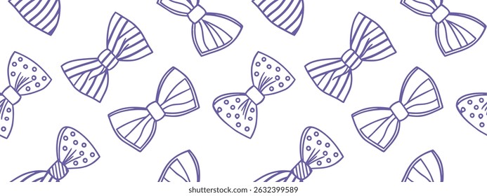 Hand-drawn seamless pattern of purple bow ties with stripes and polka dots on a white background. Ideal for fashion, textile, or celebration-themed designs. Great for wrapping paper, apparel, or party