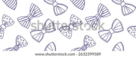 Hand-drawn seamless pattern of purple bow ties with stripes and polka dots on a white background. Ideal for fashion, textile, or celebration-themed designs. Great for wrapping paper, apparel, or party