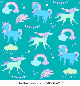 Hand-drawn seamless pattern with rainbow, unicorn, cloud, sweets, flag for background, stickers, design cards and leaflets. Cartoon elements characters.