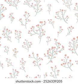 Hand-drawn seamless pattern with red berries on branches