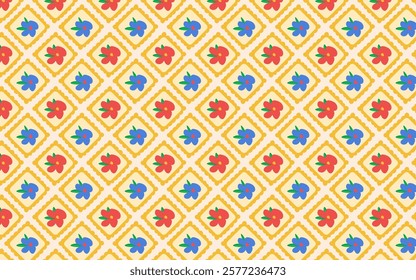 Hand-drawn seamless pattern with red and blue flowers in yellow frames. Perfect for summer designs, textile print, and digital art