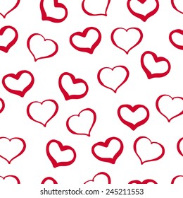 Hand-drawn Seamless Pattern from Red Hearts on a White Background