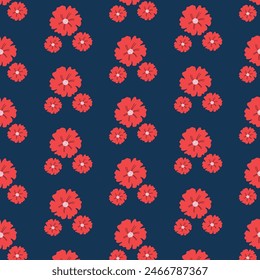 Handdrawn seamless pattern with red poppy flowers. Vector design on dark blue background.