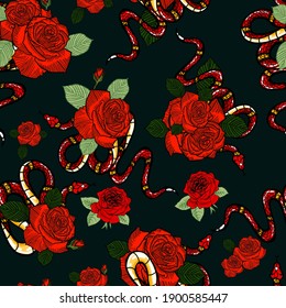 hand-drawn seamless pattern with red snakes and roses. Fashion background for textiles, wrapping paper, prints and more