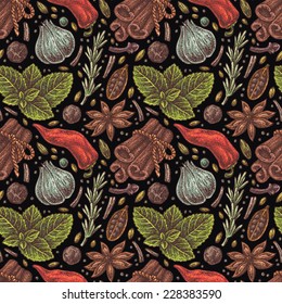 Hand-drawn seamless pattern of retro spice collection on dark background.