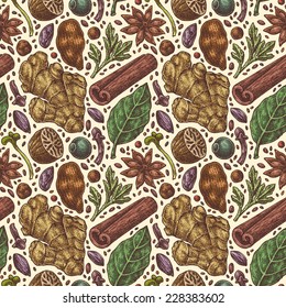 Hand-drawn seamless pattern of retro spice collection on white background.