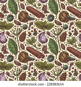 Hand-drawn seamless pattern of retro spice collection on white background.