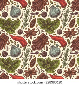 Hand-drawn seamless pattern of retro spice collection on white background.