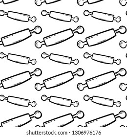 Handdrawn seamless pattern rolling pin doodle icon. Hand drawn black sketch. Sign symbol. Decoration element. White background. Isolated. Flat design. Vector illustration.