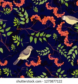 Hand-drawn seamless pattern with rowan and birds on a dark blue background. Seasonal decoration. Seamless background with rowan. Vector eps 10