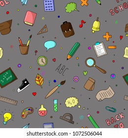 Hand-drawn seamless pattern of school illustrations. Vector colorful doodles. Cartoon sketches. Back to school. Supplies.