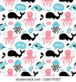 Hand-drawn seamless pattern with sea animals and text. Cartoon illustration with whale, octopus, jellyfish and other fish. Vector. Good for backgrounds, cards or wallpapers.