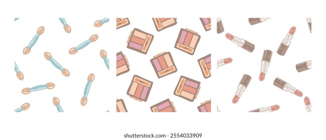Hand-drawn seamless pattern set of cosmetic items and makeup tools