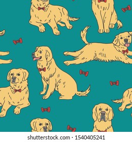 Hand-drawn seamless pattern with set of illustrations depicting a happy golden labrador retriever dog, jumping, running, sitting and laying down. Teal background, yellow puppy, red bowtie
