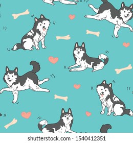 Hand-drawn seamless pattern with set of illustrations depicting a happy husky puppy, jumping, running, sitting and laying down. Teal background. Could be used for textile or surface print
