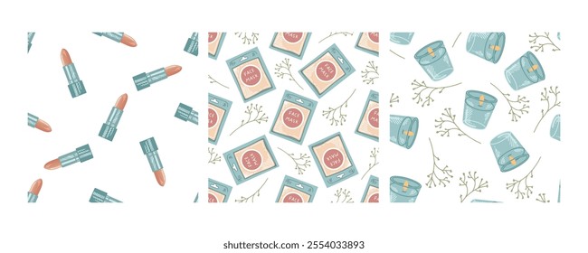 Hand-drawn seamless pattern set with lipstick, face masks, and candles