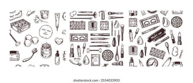 Hand-drawn seamless pattern set with makeup and beauty tools(Несколько значений)