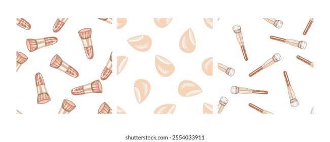 Hand-drawn seamless pattern set with makeup brushes and sponges