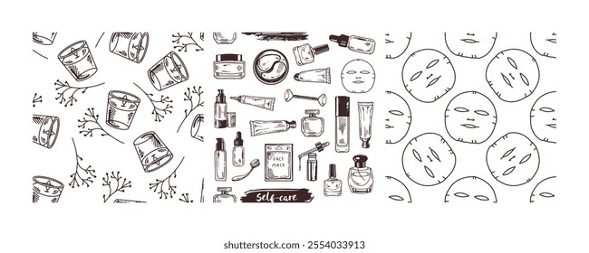 Hand-drawn seamless pattern set with skincare, beauty and cosmetics products