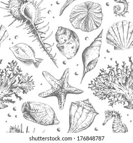 hand-drawn seamless pattern with shells, fish and corals