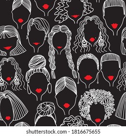 A hand-drawn seamless pattern of silhouettes of women's faces with various hairstyles and red lips on the black background. Stock vector illustration.