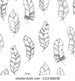 Hand-drawn seamless pattern with Sketch style bird feathers. Black and white title background. Trendy boho chic. Tribal template