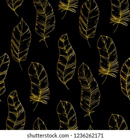 Hand-drawn seamless pattern with Sketch style bird feathers. Golden and black title background. Trendy boho chic. Tribal template