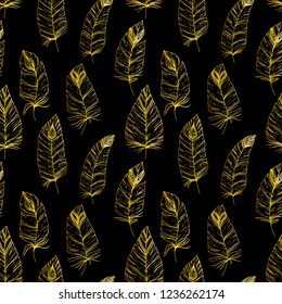 Hand-drawn seamless pattern with Sketch style bird feathers. Golden and black title background. Trendy boho chic. Tribal template