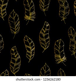 Hand-drawn seamless pattern with Sketch style bird feathers. Golden and black title background. Trendy boho chic. Tribal template
